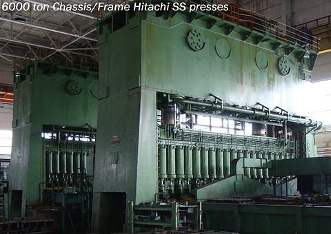 used 6000 ton Hitachi USI Clearing Model S2-6000-1100-200 presses are perfect for use in manufacturing frames / chassis for Trucks, Buses, Light rail cars and heavy rail cars, along with heavy steel plate stampings and transfer die stampings..