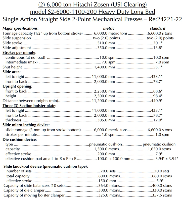 6000 ton Hitachi (USI Clearing) straight side mechanical chassis forming press specifications including moving bolster options